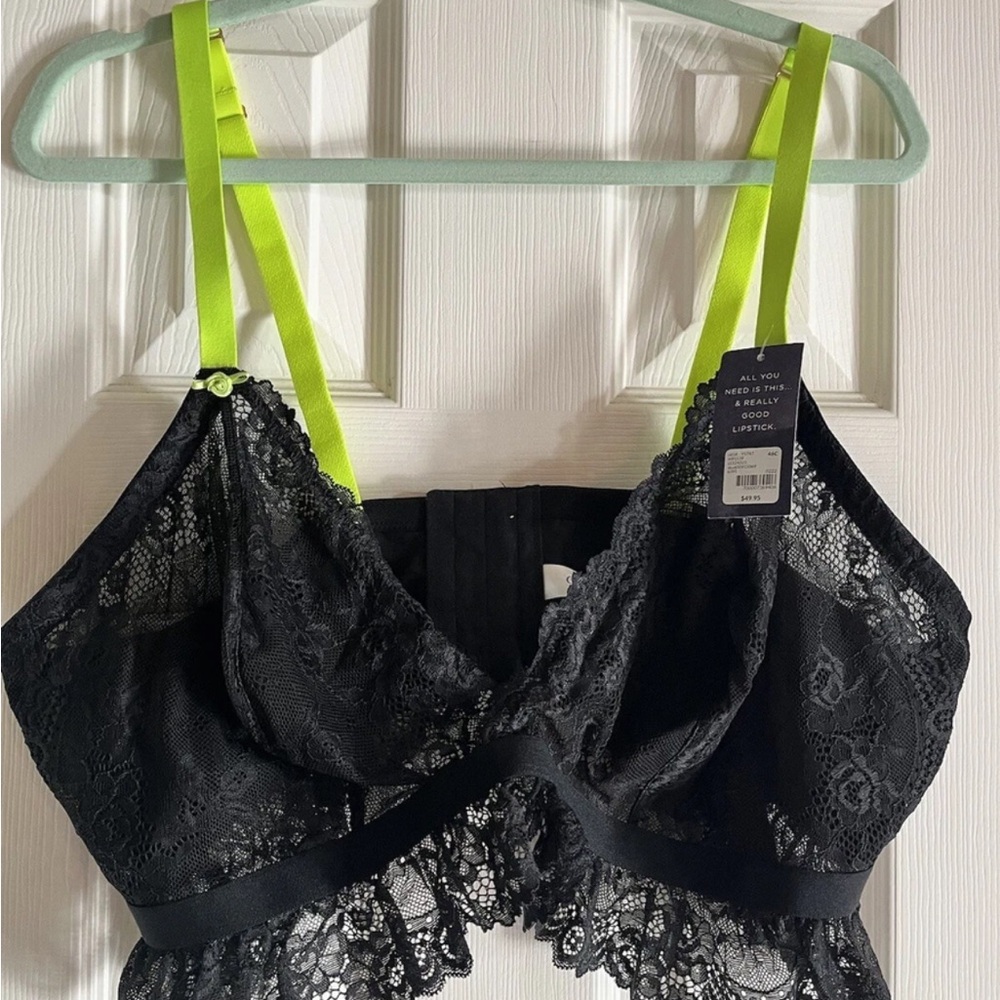 Cacique Black Lace Bralette with Bright Yellow Straps 46C